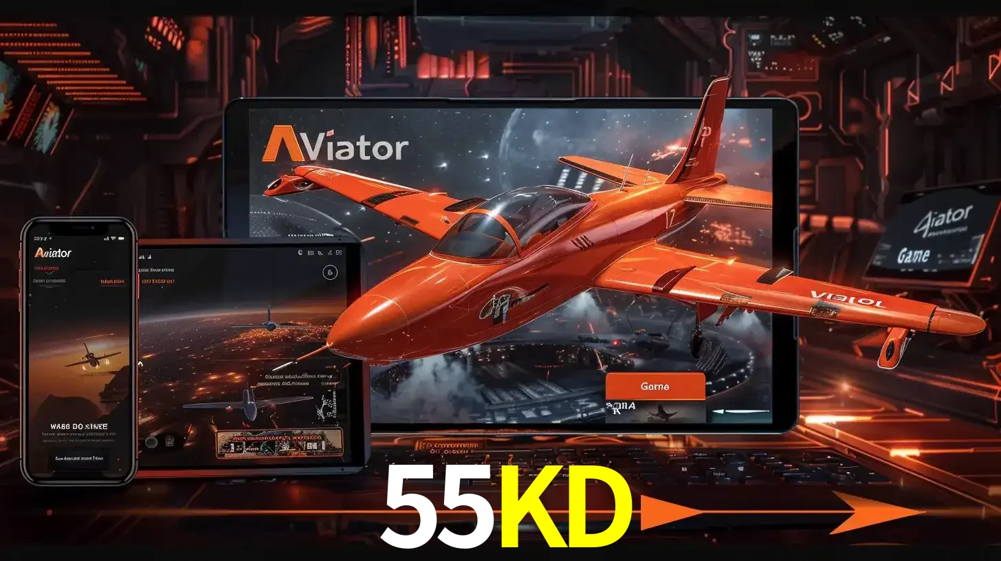 Apresentação tecnológica do jogo Aviator com um avião saindo da tela de um tablet, demonstrando a experiência imersiva em múltiplos dispositivos no 55KD.