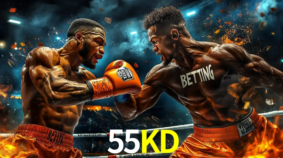 Dois boxeadores em uma luta intensa e explosiva, representando a adrenalina e as oportunidades de apostas em esportes de combate disponíveis na plataforma 55KD.