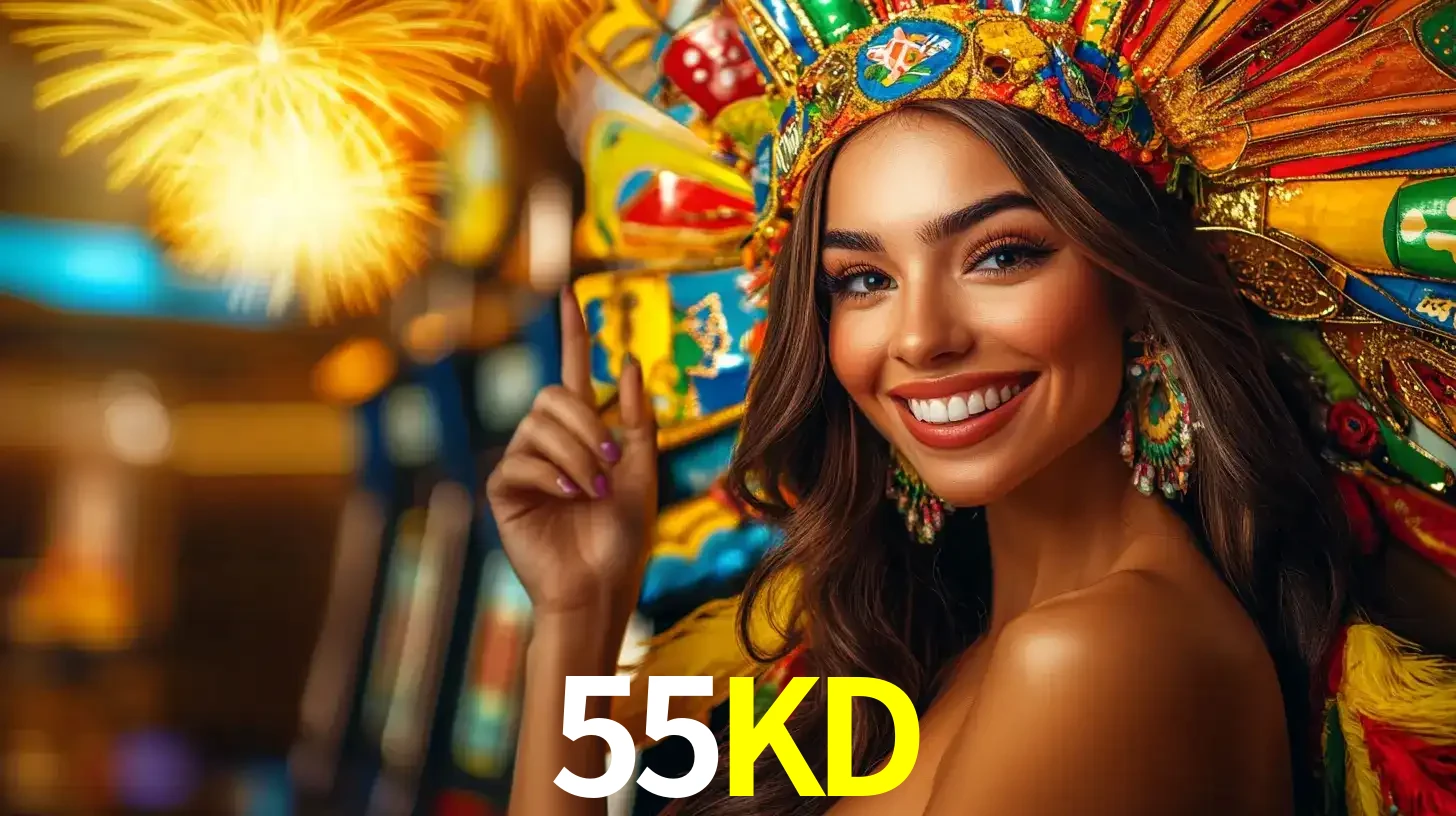 Mulher sorridente com um cocar de carnaval vibrante e colorido, celebrando uma grande vitória nos jogos do cassino 55KD com fogos de artifício ao fundo.