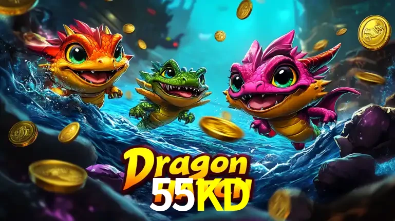 Arte promocional do jogo Dragon Hatch com três adoráveis dragões bebês nadando entre moedas de ouro, um dos slots mais divertidos para jogar no cassino 55KD.