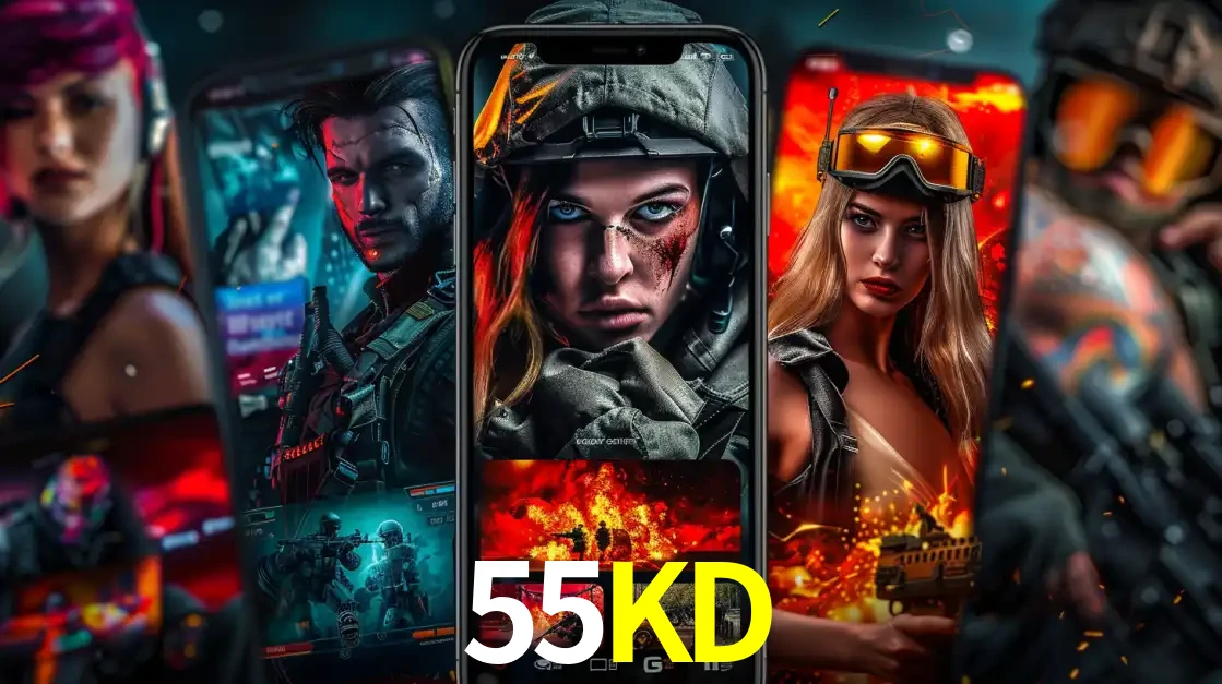 Montagem de telas de celular mostrando diversos personagens, masculinos e femininos, de um jogo de tiro, ilustrando a diversidade de equipes de e-sports para apostar no 55KD.