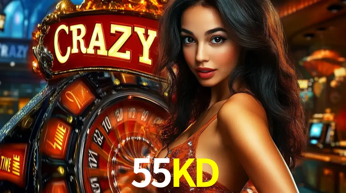 Mulher glamourosa olhando para a câmera com a roda vermelha do Crazy Time ao fundo em um ambiente de cassino, destacando a emoção dos jogos ao vivo no 55KD.