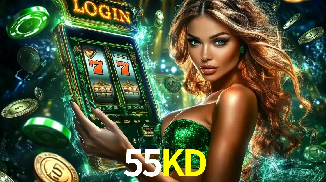 Mulher com tema verde apresentando o aplicativo do cassino 55KD com um jogo de slot de 777, cercada por fichas de cassino e uma aura de sorte.