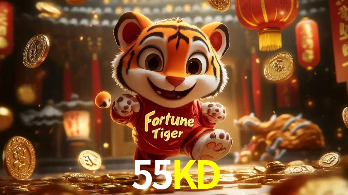 O alegre personagem do Fortune Tiger correndo sobre um caminho de moedas de ouro, simbolizando os grandes prêmios e a diversão do popular jogo de slot do 55KD.