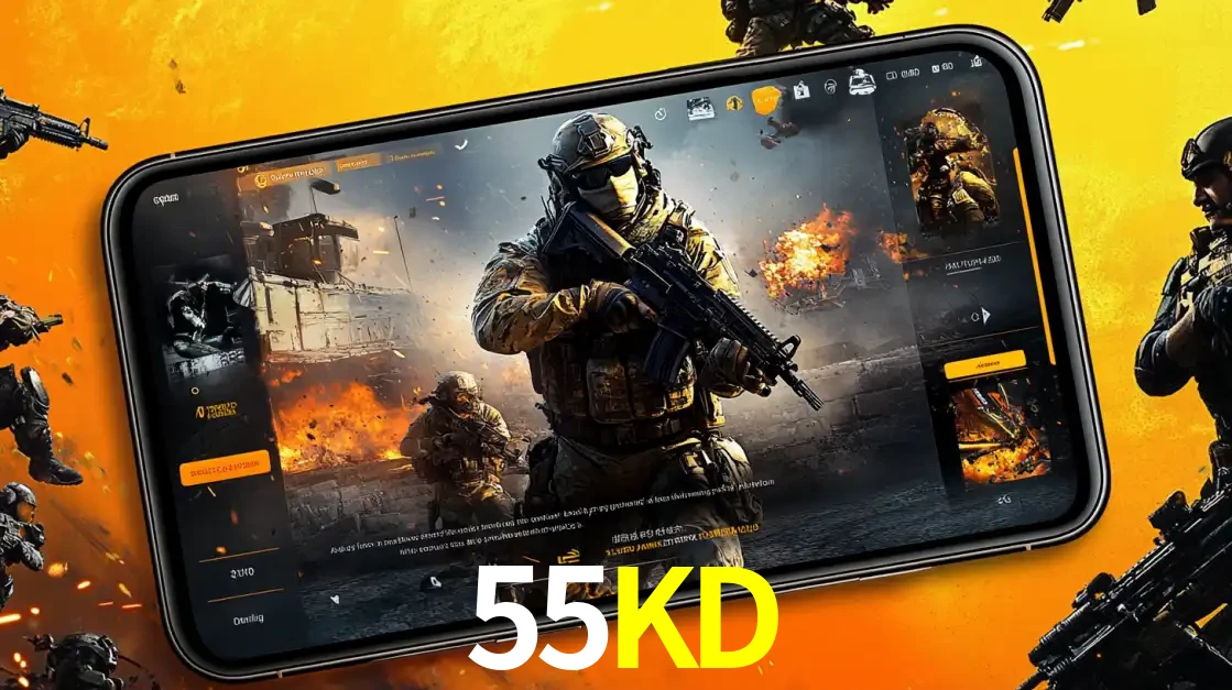 Um smartphone exibindo a interface de um jogo de tiro em primeira pessoa, com um soldado em um cenário de batalha, representando a ação dos e-sports para apostar no 55KD.