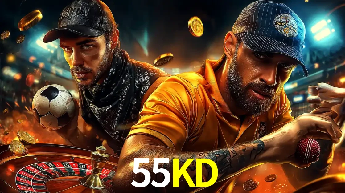 Montagem de apostas esportivas e cassino no 55KD, com um homem segurando uma bola de futebol e outro uma de beisebol sobre uma roleta e moedas voadoras.