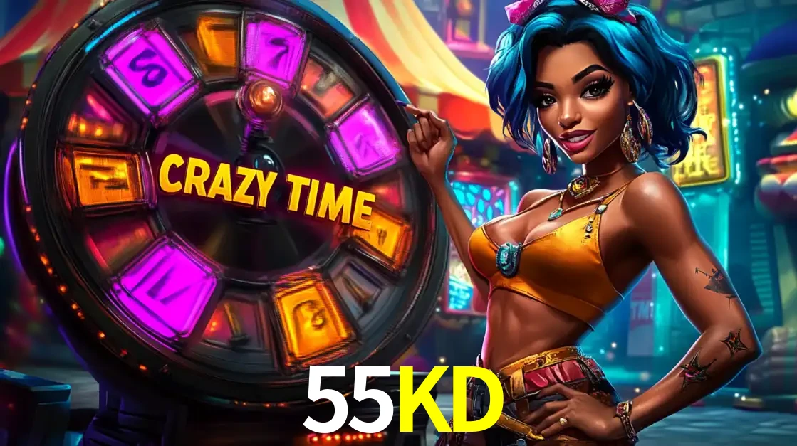 Mulher estilizada com cabelo azul e visual vibrante posando ao lado da roda de prêmios do game show Crazy Time, convidando para a diversão e os bônus do cassino 55KD.