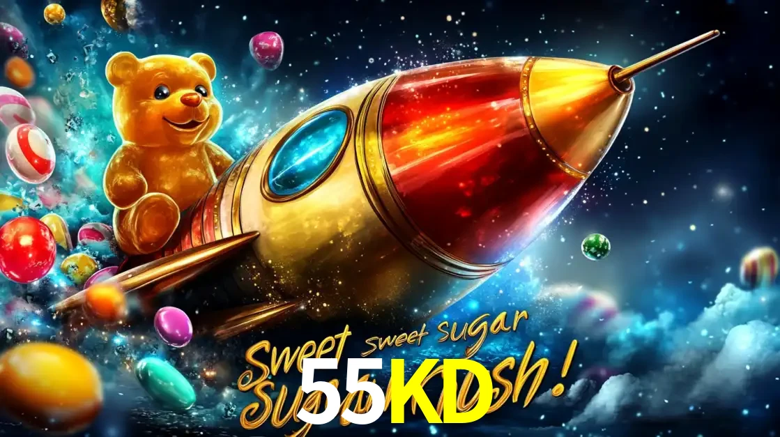 Arte promocional do jogo de slot Sugar Rush, com um urso de pelúcia em um foguete viajando pelo espaço de doces, um dos jogos divertidos disponíveis no cassino 55KD.