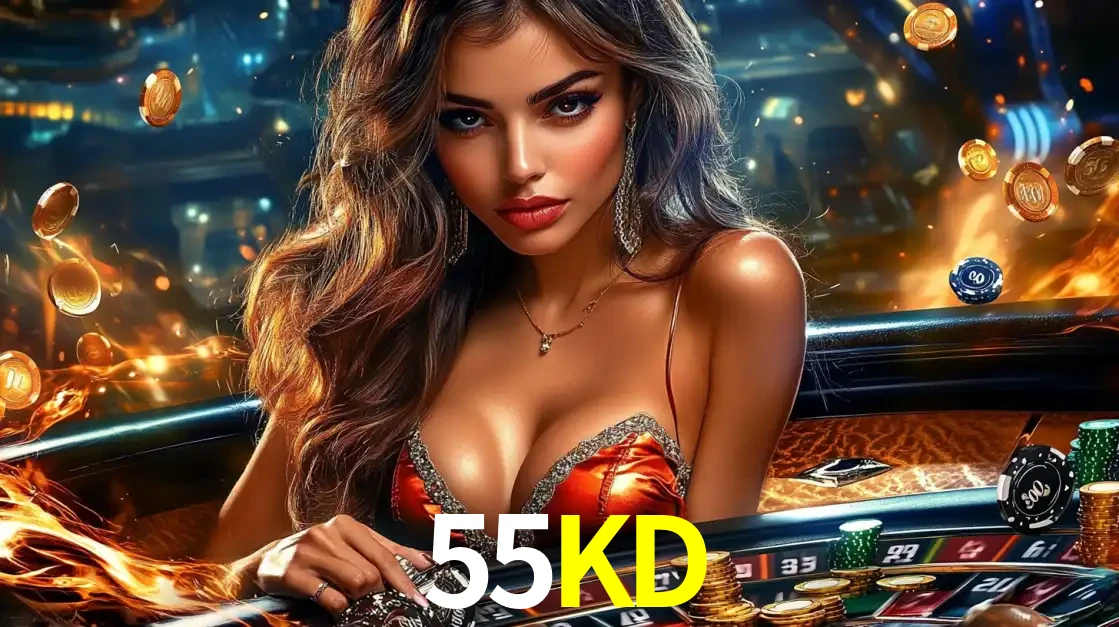 Mulher glamourosa em uma mesa de roleta com um fundo de chamas e moedas voadoras, pronta para fazer sua aposta e ganhar grandes prêmios no cassino ao vivo 55KD.