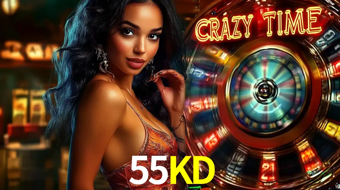 Mulher elegante ao lado da vibrante roda da fortuna do jogo de cassino ao vivo Crazy Time, um dos game shows mais populares e cheios de prêmios do 55KD.