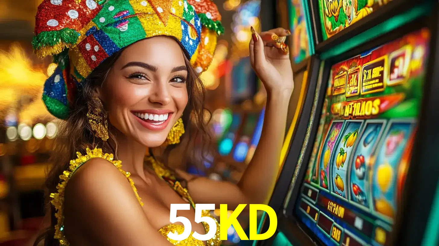 Mulher feliz com traje de carnaval amarelo e colorido ao lado de uma máquina de caça-níqueis, aproveitando a diversão e os jogos temáticos do cassino 55KD.