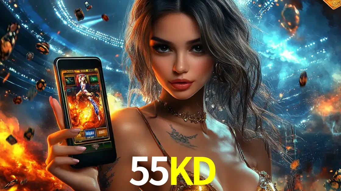 Mulher segurando um celular com um jogo de slot em destaque, tendo como fundo um estádio vibrante, simbolizando a emoção de jogar no cassino móvel 55KD.