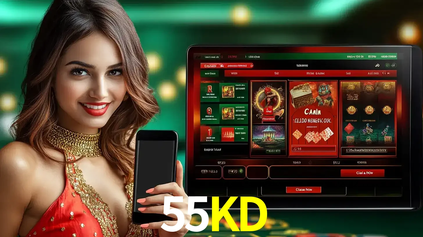 Mulher sorridente segurando um smartphone, ao lado de uma tela exibindo o lobby de jogos do cassino online 55KD, com várias opções de jogos de cartas e slots.